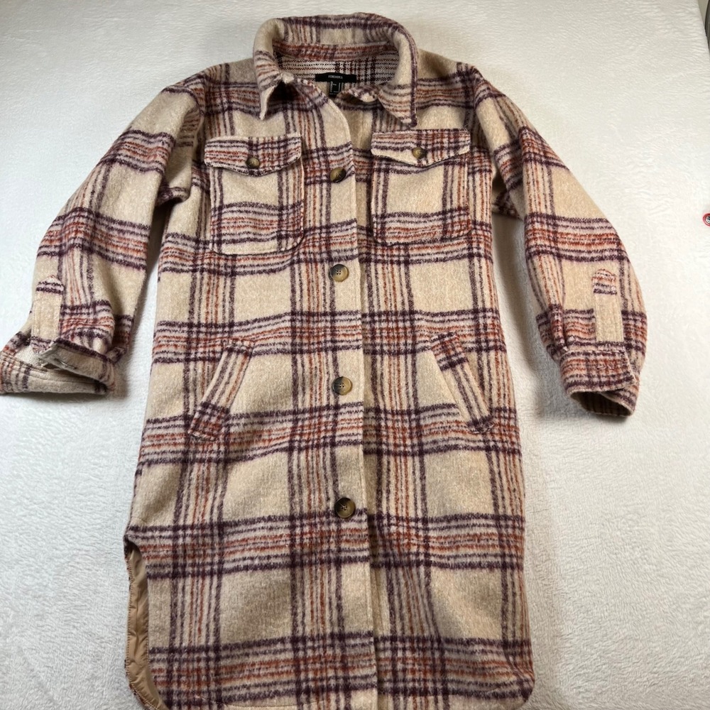 Forever 21 Womens Plaid Longline Shacket Cream Brown Rust Button Front Small
